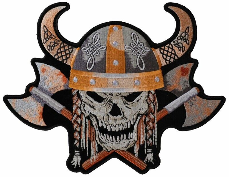 Large Viking Skull With Battle Axes Embroidered Biker Patch