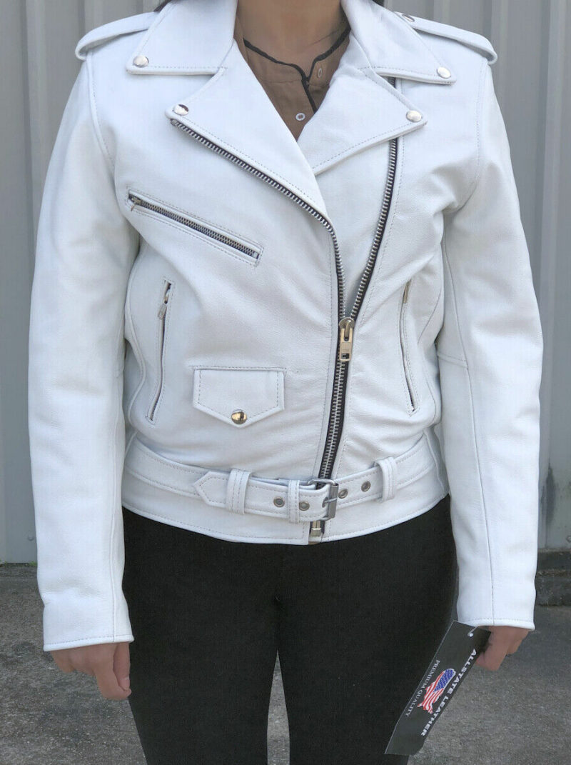 Womens White Leather Motorcycle Jacket With Belt Pockets FREE SHIPPING