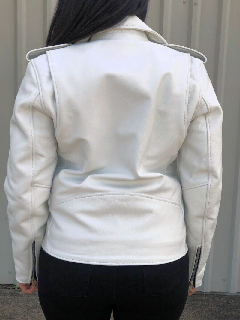 Womens White Leather Motorcycle Jacket With Belt Pockets FREE SHIPPING - Image 2