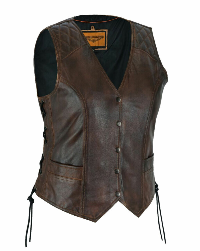 Womens Retro Brown Leather Biker Vest Diamond Padding Concealed Carry Side Laces