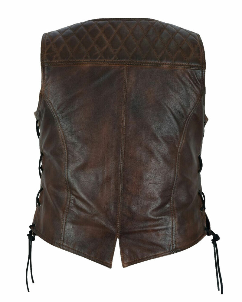 Womens Retro Brown Leather Biker Vest Diamond Padding Concealed Carry Side Laces - Image 2