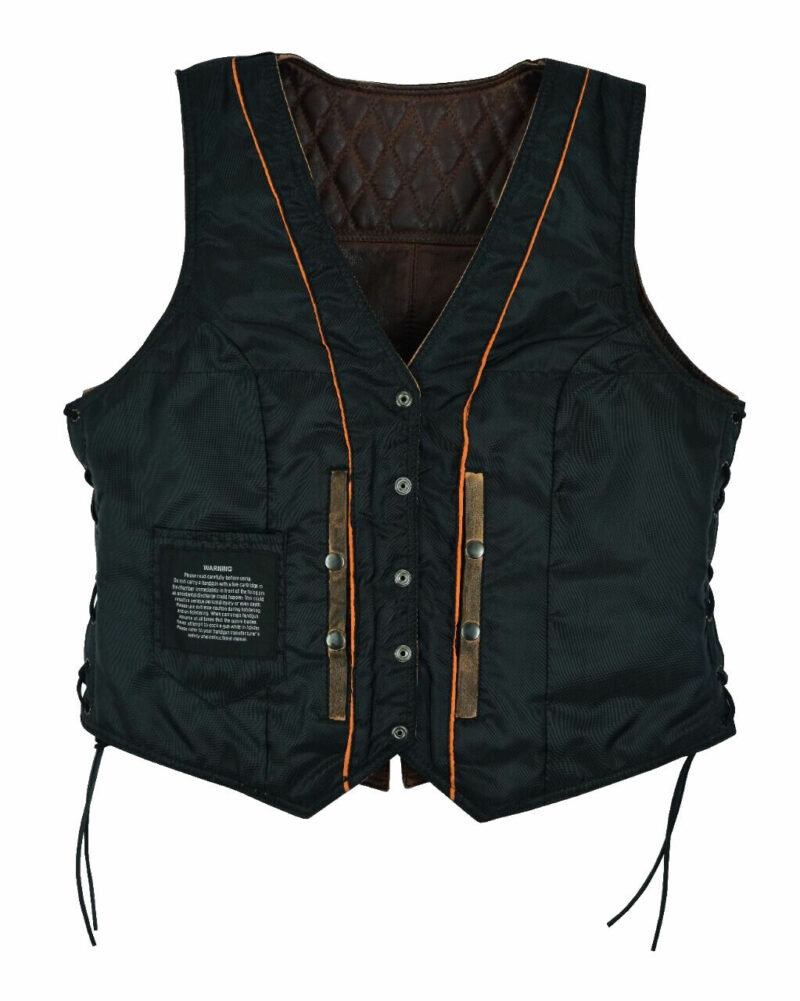 Womens Retro Brown Leather Biker Vest Diamond Padding Concealed Carry Side Laces - Image 3