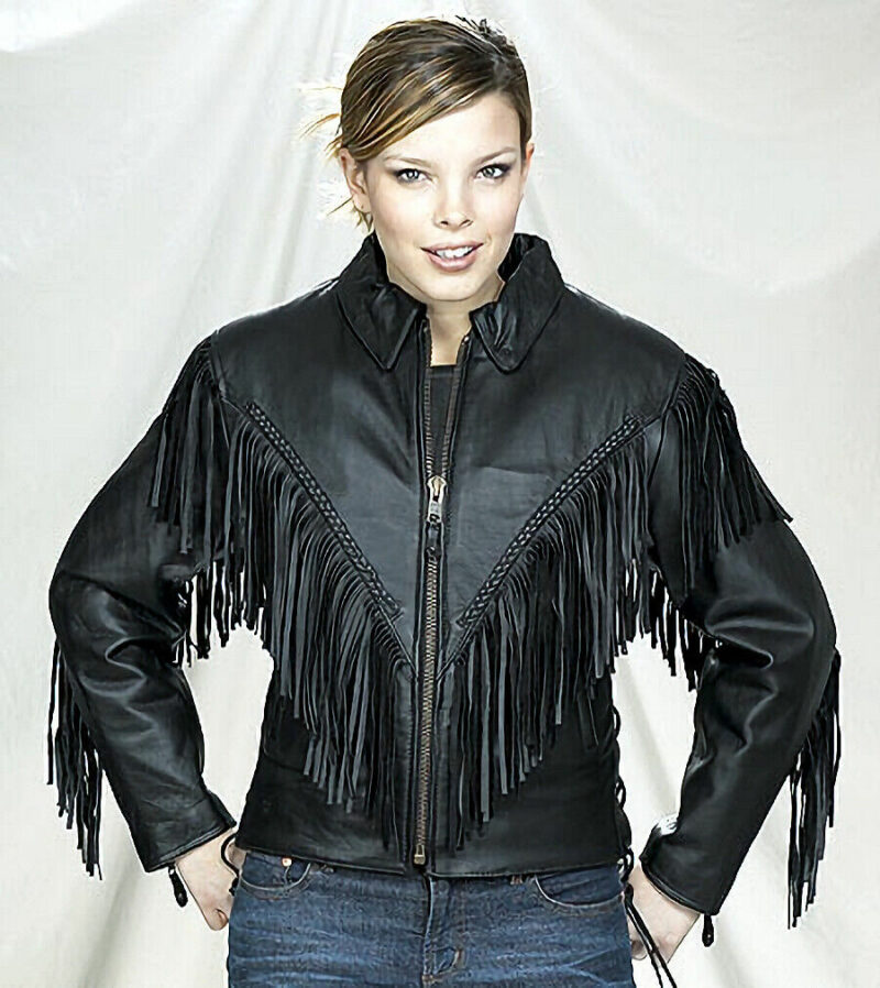Womens Side Lace Leather Fringe And Braids Motorcycle Jacket Free Shipping