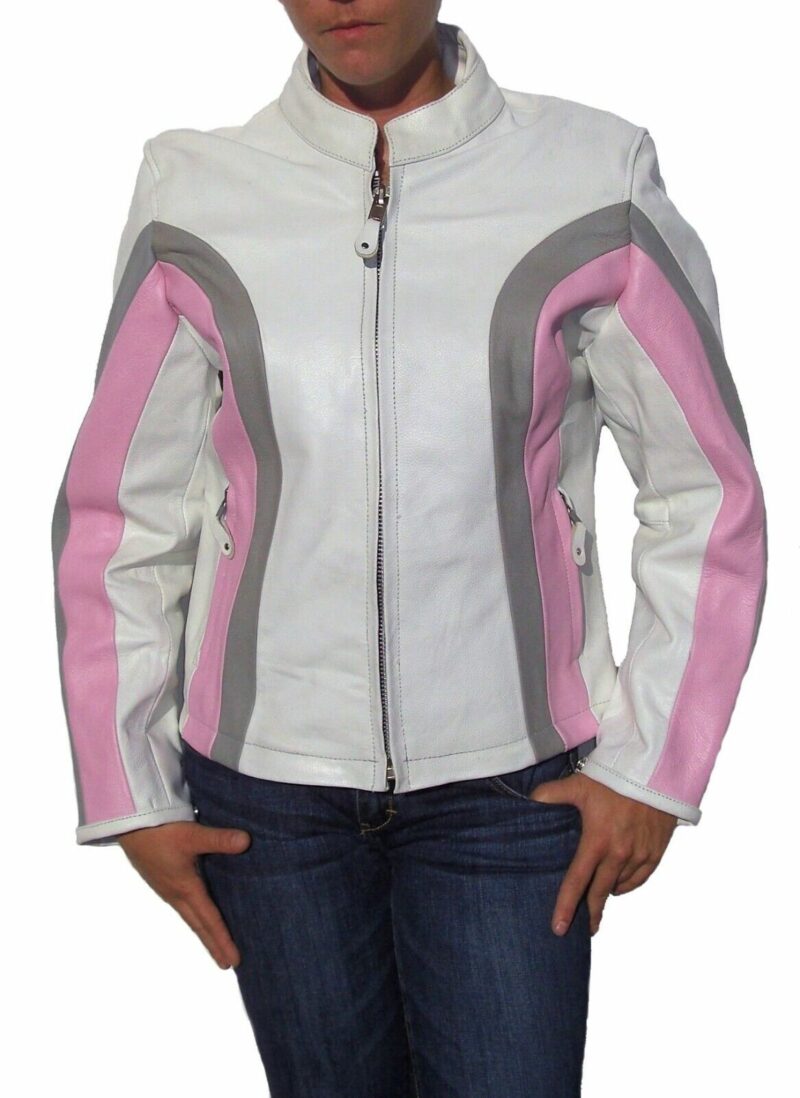 Womens White W Pink, Silver Stripes Leather Racer Motorcycle Jacket Pockets