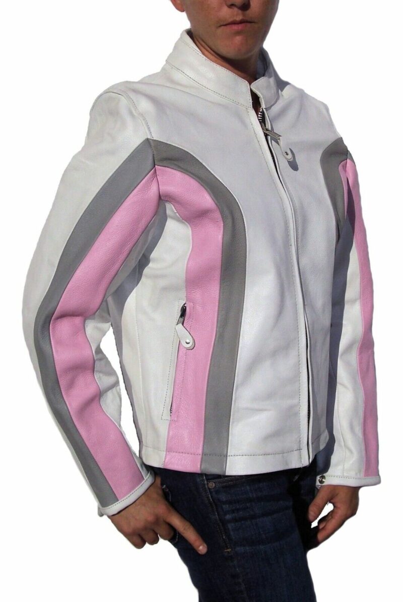 Womens White W Pink, Silver Stripes Leather Racer Motorcycle Jacket Pockets - Image 2