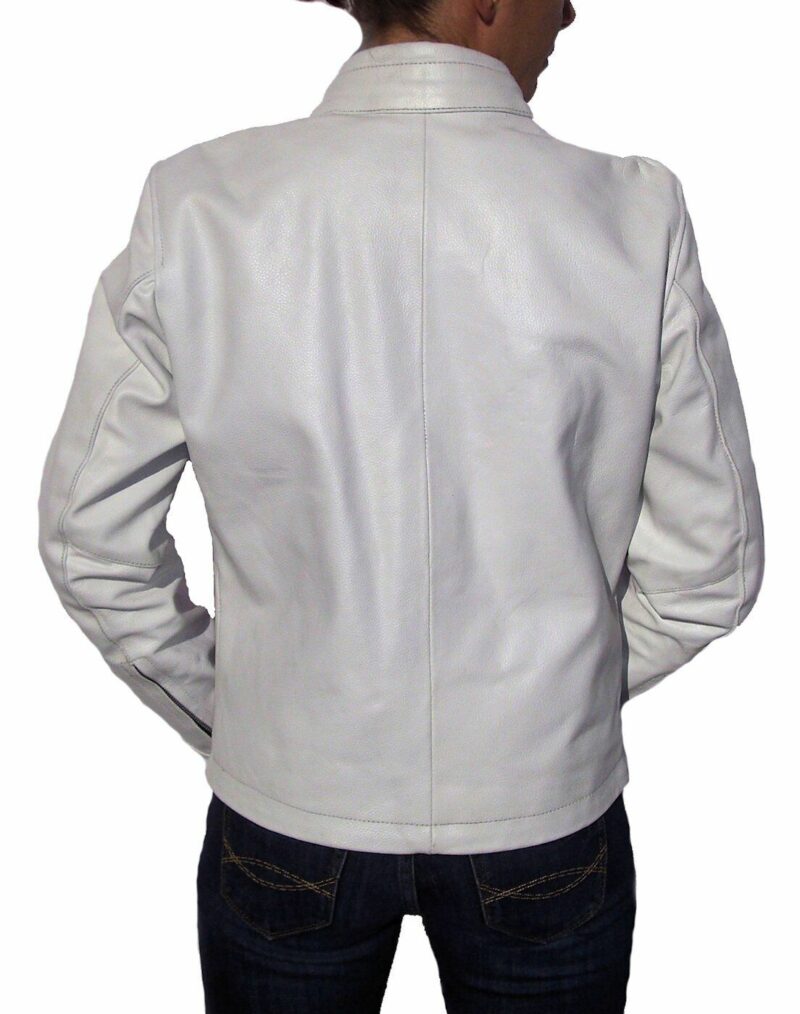 Womens White W Pink, Silver Stripes Leather Racer Motorcycle Jacket Pockets - Image 3