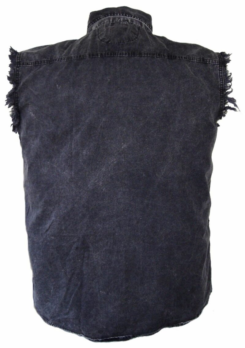 Mens Acid Washed Charcoal Colored Denim Sleeveless Cutoff Biker Shirt - Image 2