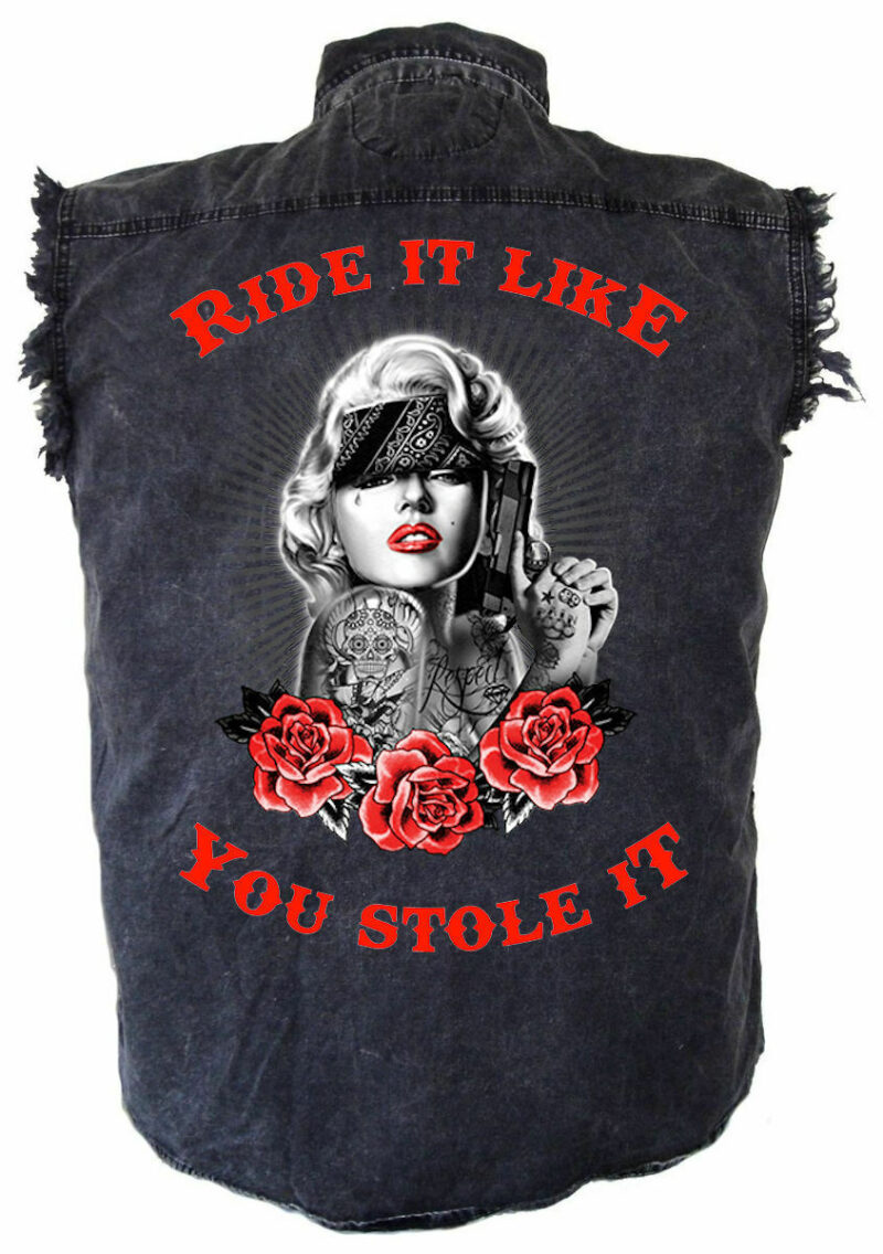 Marilyn Monroe Red Roses Acid Washed Denim Biker Shirt Mens Ride It