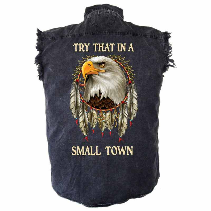 Mens Try That In A Small Town Native American Eagle Charcoal Denim Biker Shirt