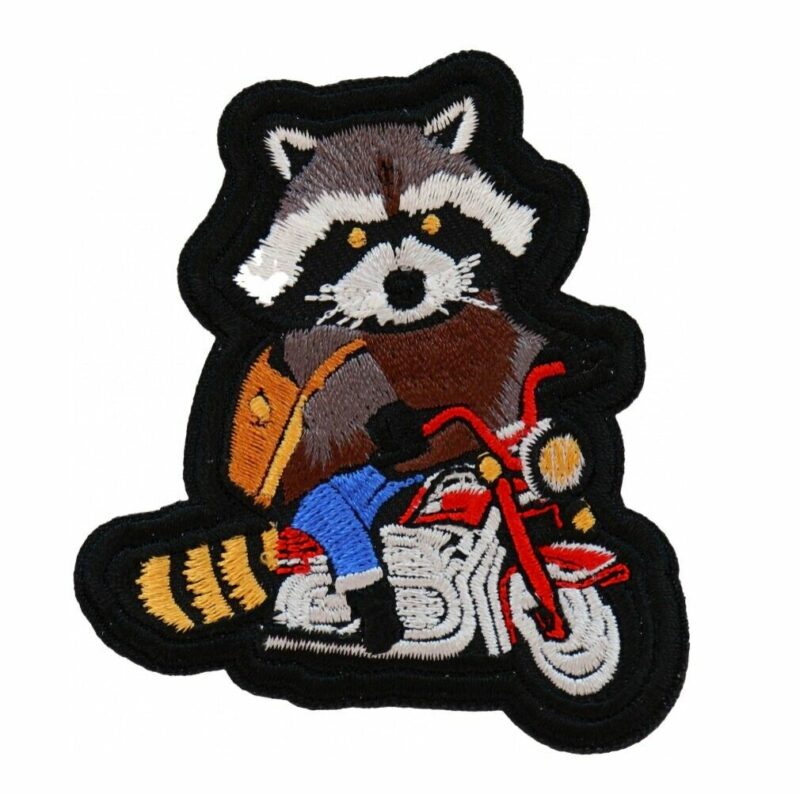 Small Motorcycle Riding Raccoon Embroidered Patch Free Shipping Inside USA