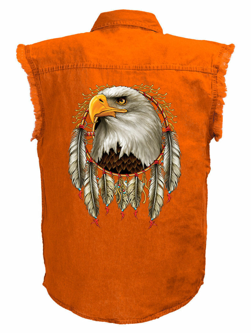 Native American Bald Eagle Motorcycle Shirt Mens Orange Denim Sleeveless