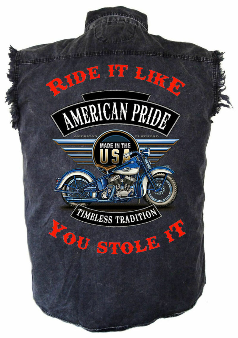 Mens Ride It American Pride Motorcycle Acid Washed Denim Biker Shirt