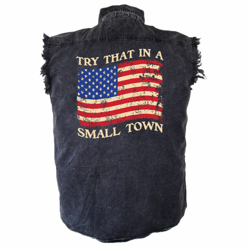 Try That In A Small Town Distressed USA Flag Charcoal Denim Biker Shirt Mens