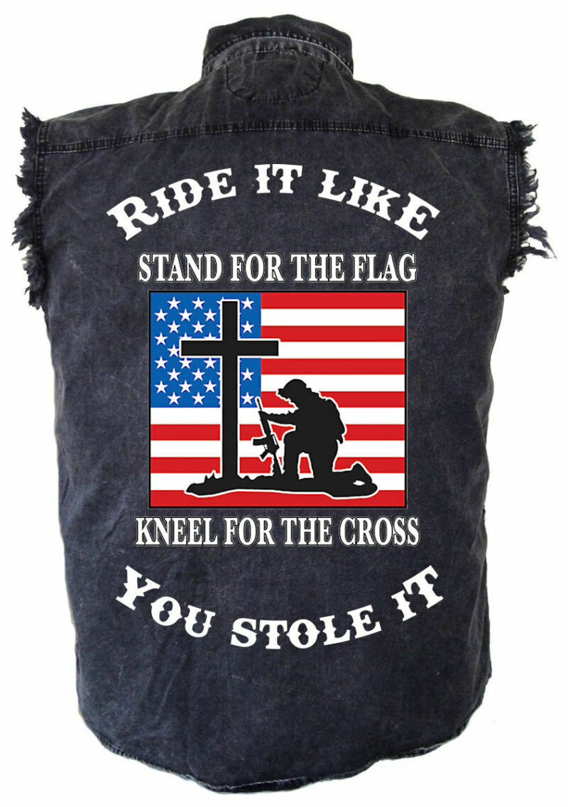 Men's Ride It White Stand For The Flag Kneel Cross Acid Washed Denim Biker Shirt