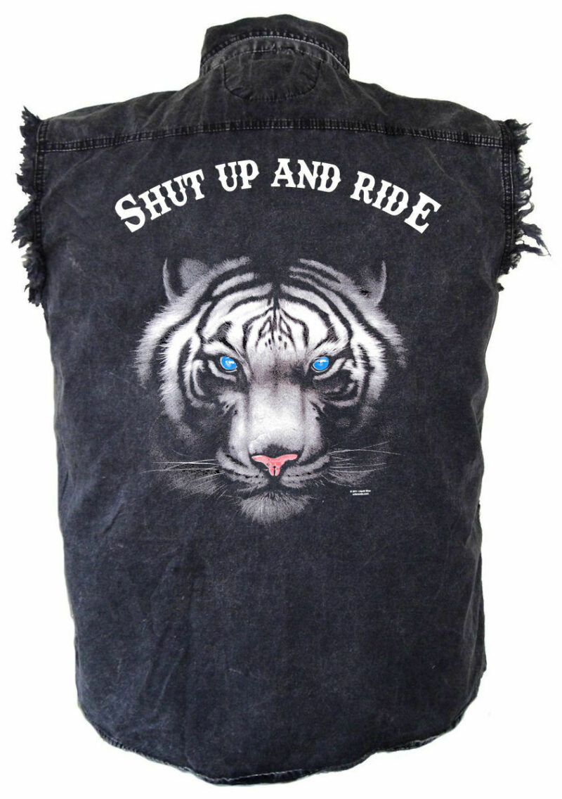 Shut Up And Ride Blue Eyed Tiger Head Acid Washed Denim Biker Shirt Men's
