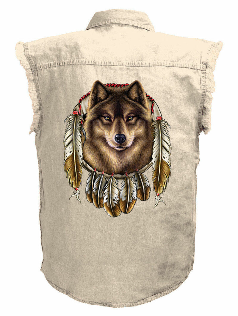 Native American Dreamcatcher Wolf Motorcycle Shirt Mens Ivory Denim Sleeveless