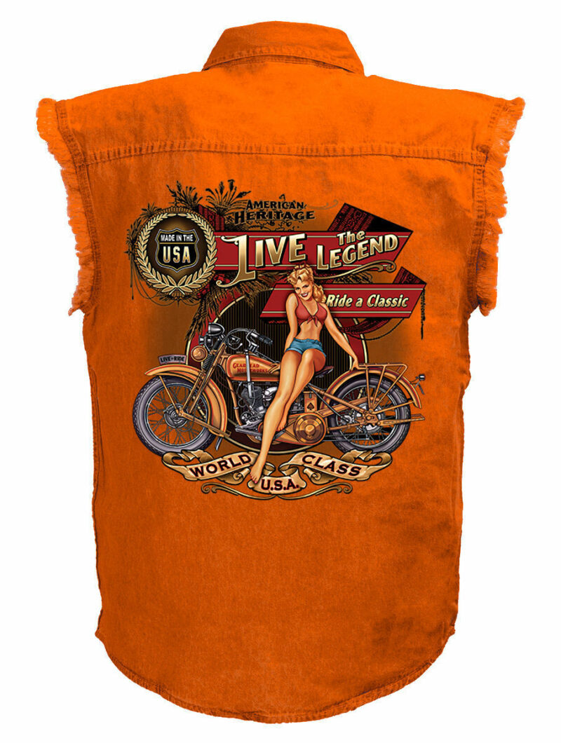 Live The Legend Pin Up Babe Motorcycle Shirt Mens Orange Denim Sleeveless