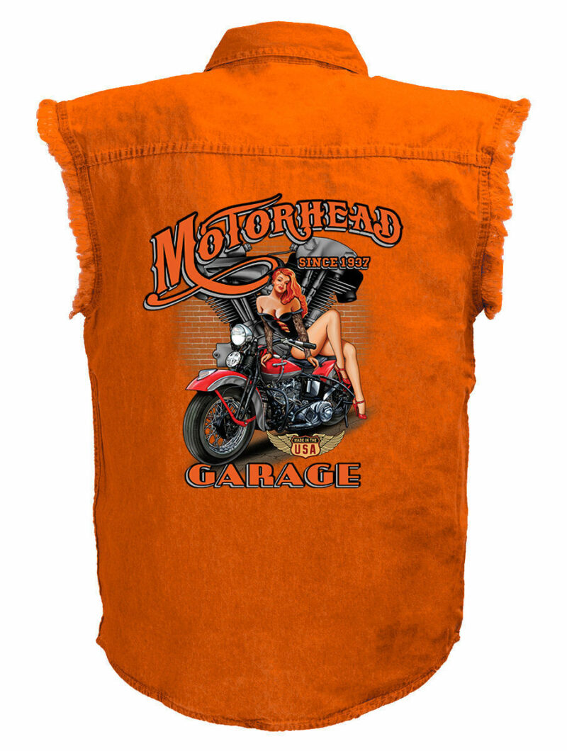 Motorhead Garage Pin Up Babe Motorcycle Shirt Mens Orange Denim Sleeveless