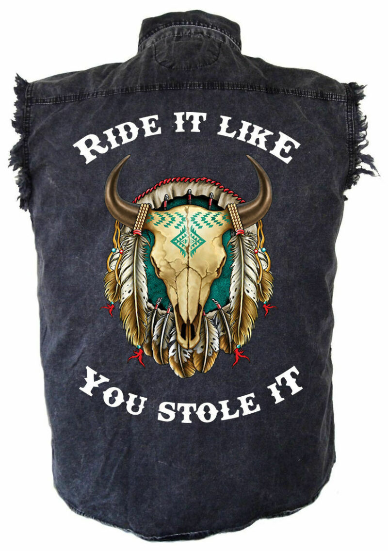 Men's Ride It White Steer Head Dreamcatcher Acid Washed Denim Biker Shirt