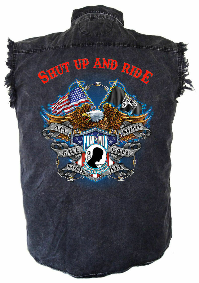 Men's Shut Up And Ride All Gave Some Eagle Acid Washed Denim Biker Shirt