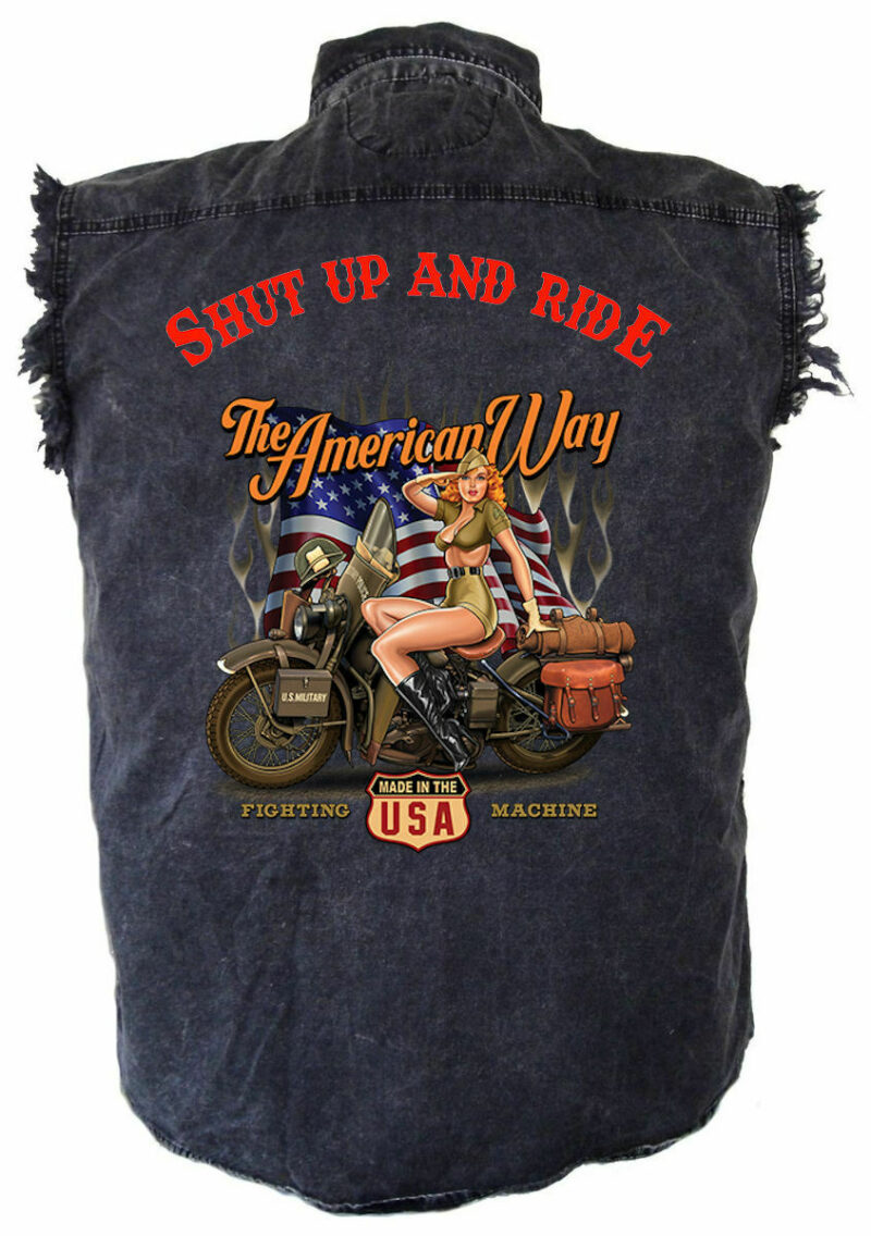 Men's Shut Up And Ride The American Way Babe Acid Washed Denim Biker Shirt