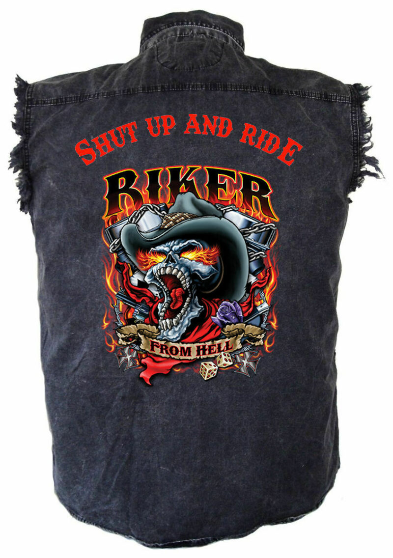Men's Shut Up And Ride Biker From Hell Skull Acid Washed Denim Biker Shirt