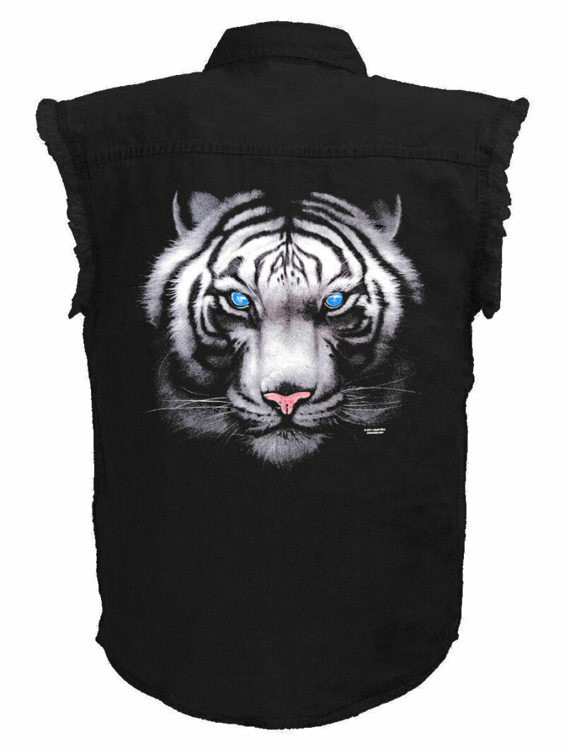Mens Black Denim Sleeveless Blue Eyed Tiger Shirt