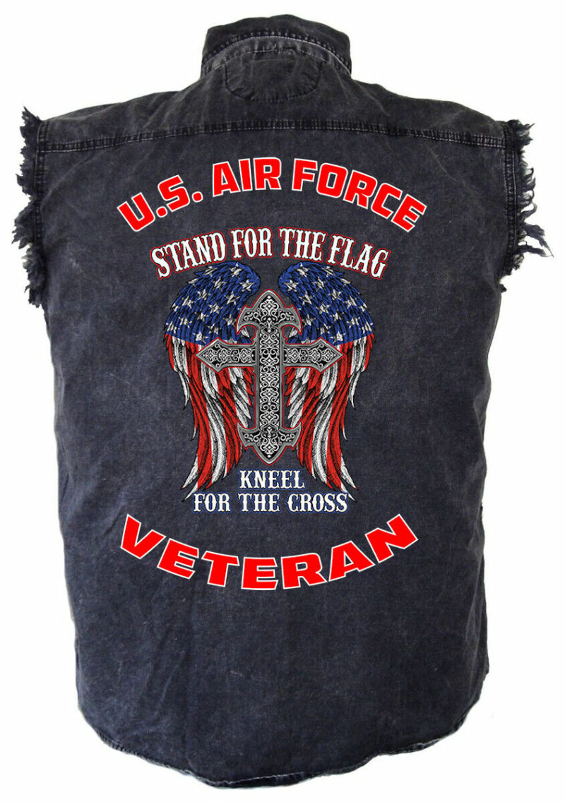 Mens Patriotic Air Force Stand For Flag Acid Washed Denim Cutoff Biker Shirt