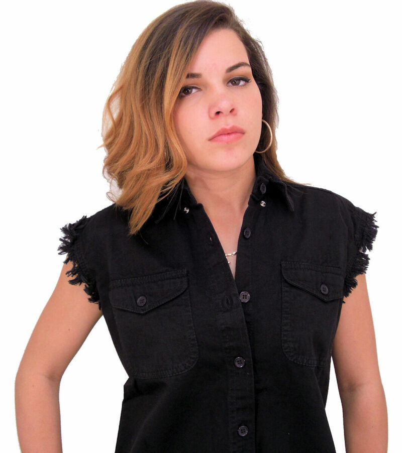 Womens Denim Sleeveless Cutoff Lady Biker Shirt Chest Pockets FREE SHIP - Image 3