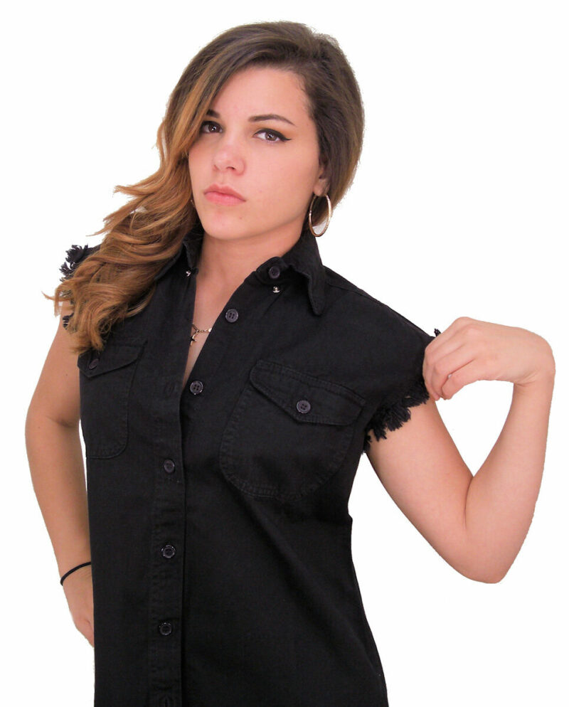 Womens Denim Sleeveless Cutoff Lady Biker Shirt Chest Pockets FREE SHIP - Image 5