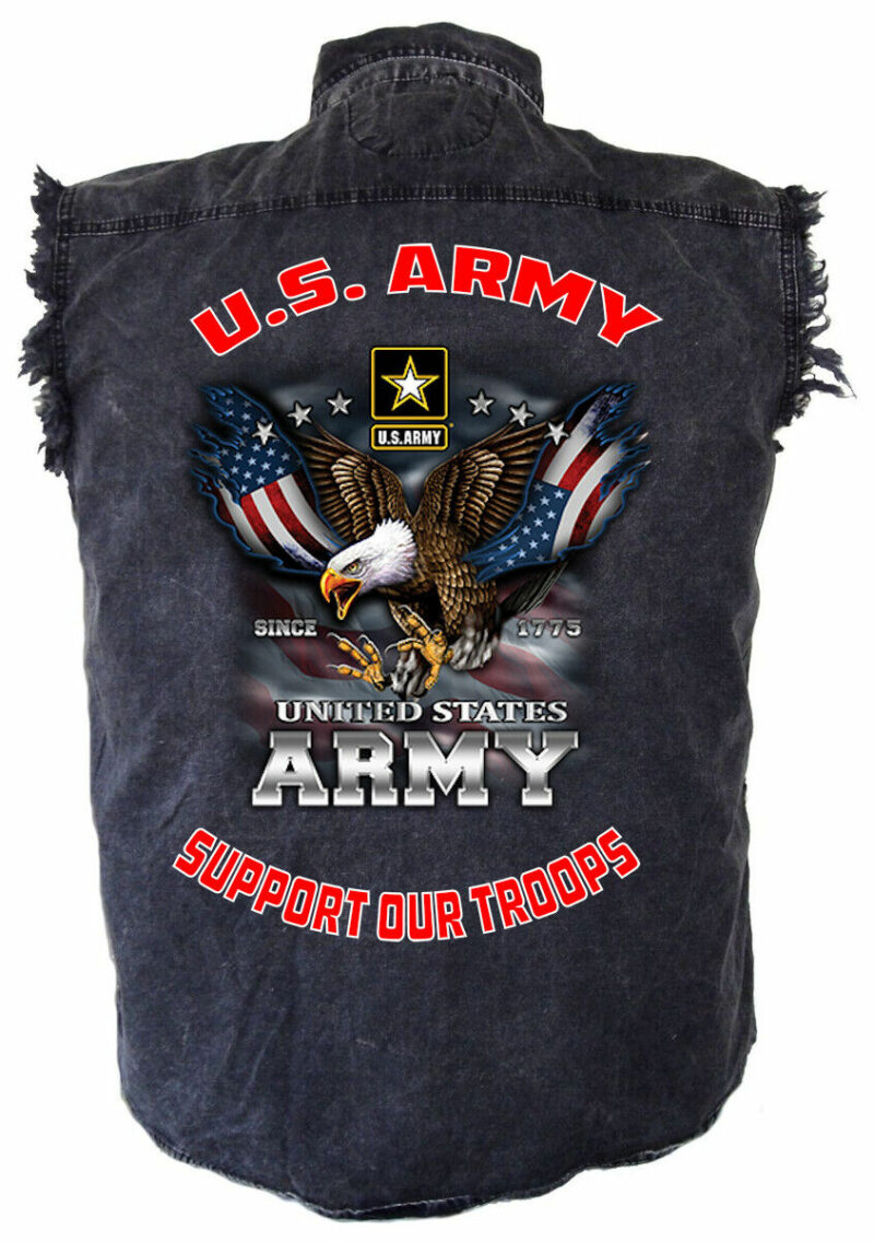 U. S. Army Support Troops Acid Washed Denim Cutoff Biker Shirt Mens Patriotic