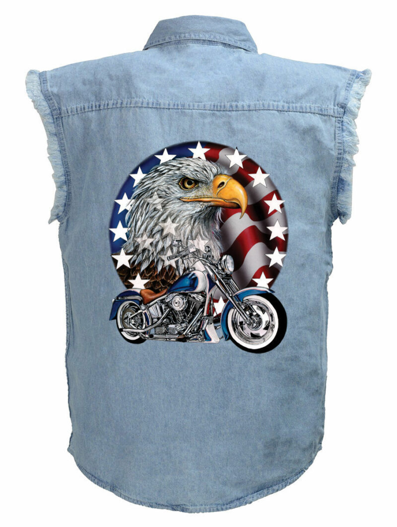 Mens Blue Denim Sleeveless Patriotic Eagle Motorcycle Shirt