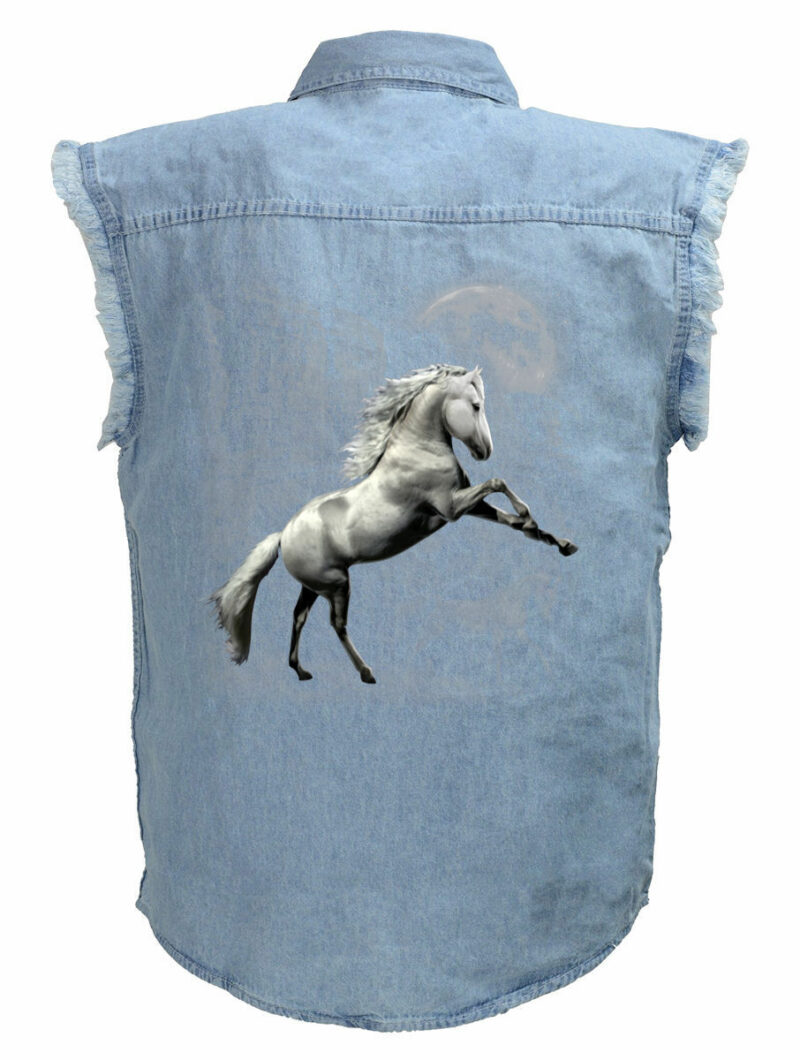 Mens Blue Denim Sleeveless Horse In The Moonlight Motorcycle Shirt