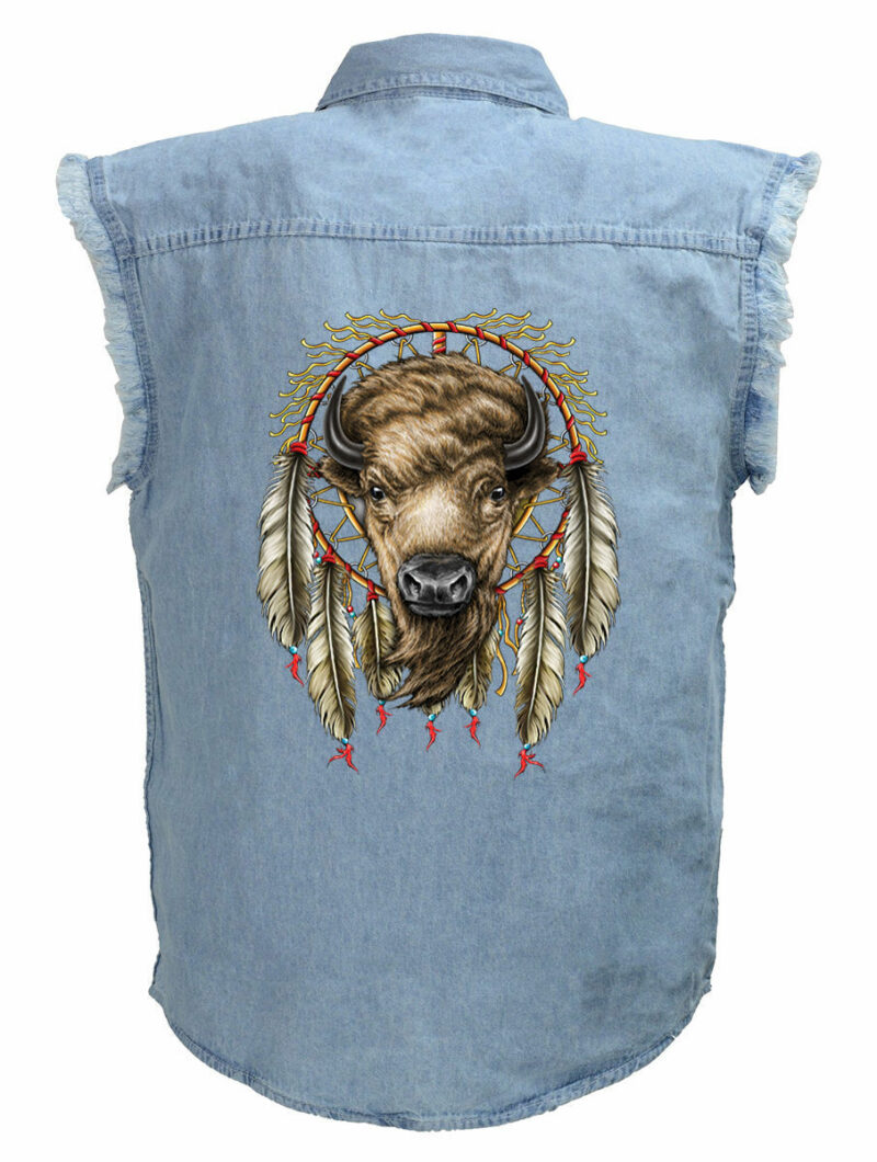 Mens Blue Denim Sleeveless Dreamcatcher Buffalo Motorcycle Shirt