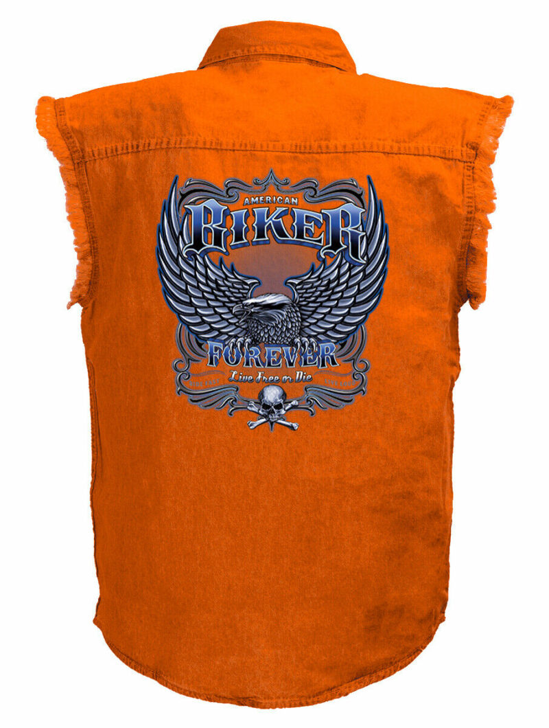 Mens Orange Denim Sleeveless Biker Forever Eagle Biker Motorcycle Shirt