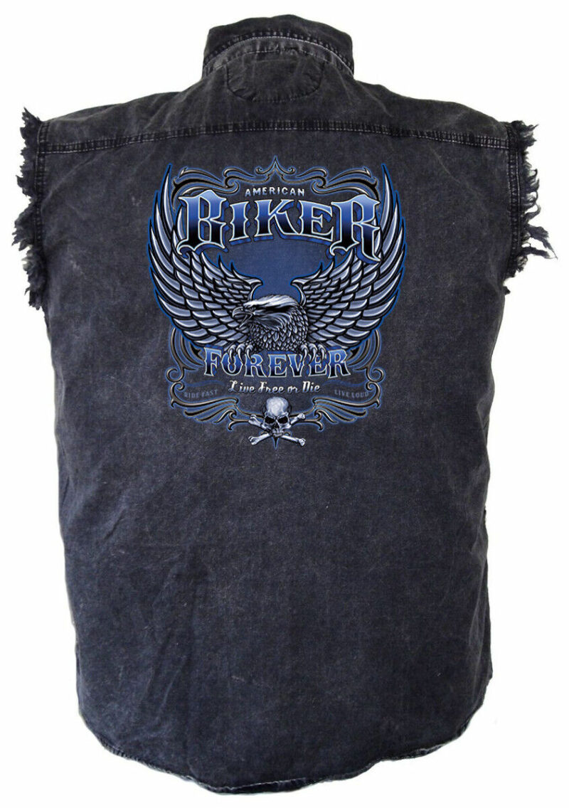 Mens Biker Forever Eagle Design On Charcoal Acid Wash Denim Biker Shirt