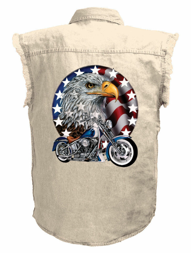 Patriotic American Eagle Motorcycle Shirt Mens Ivory Denim Sleeveless