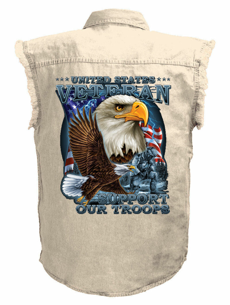 Patriotic United States Veteran Motorcycle Shirt Mens Ivory Denim Sleeveless