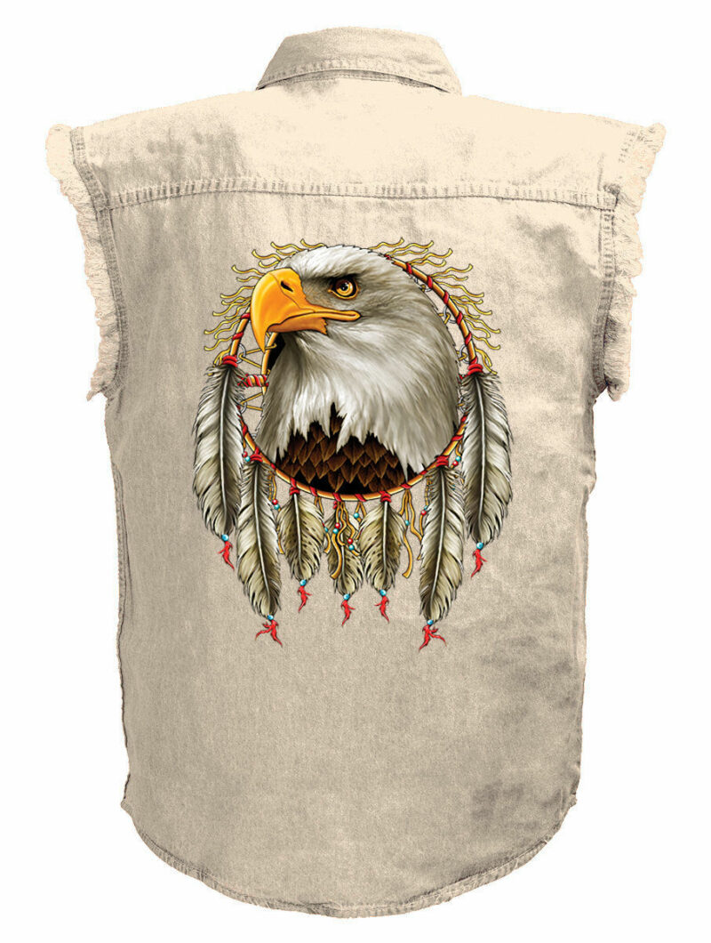 Native American Dreamcatcher Eagle Motorcycle Shirt Mens Ivory Denim Sleeveless
