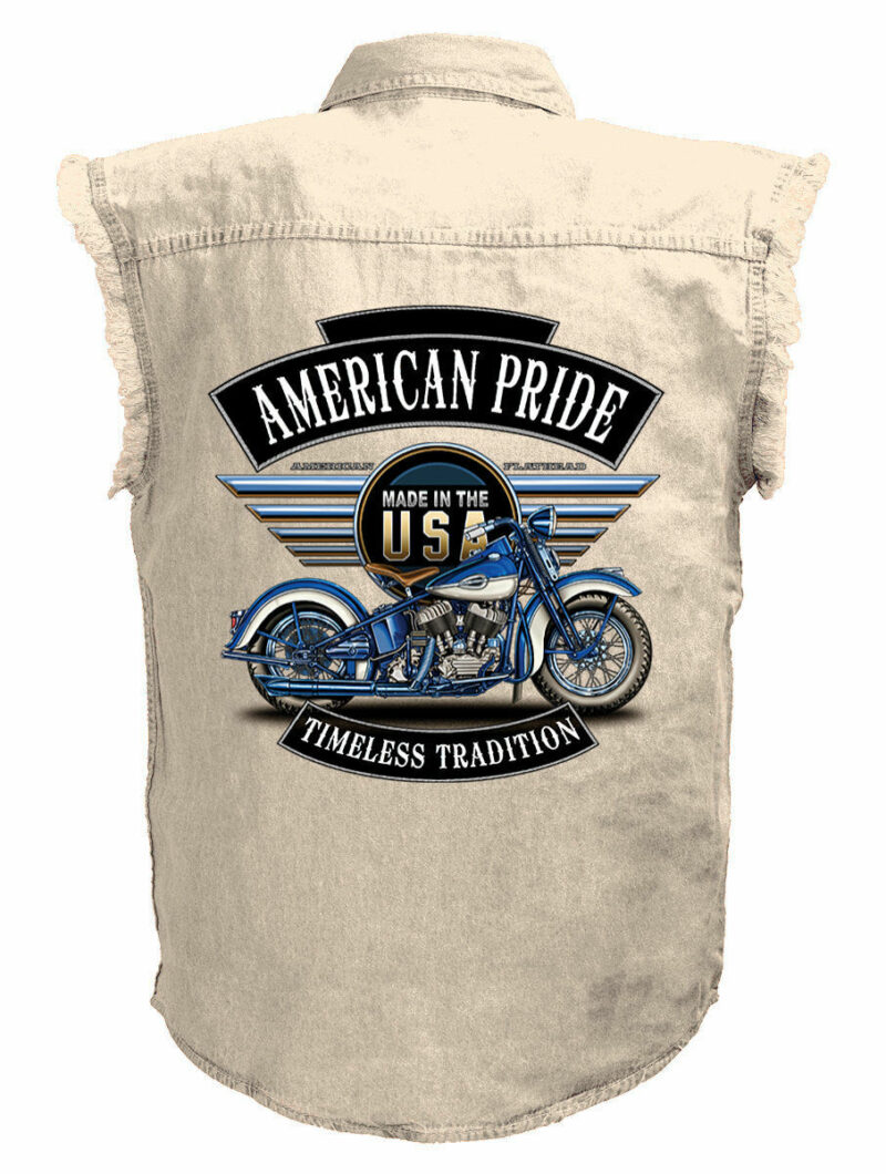 American Pride Timeless Tradition Motorcycle Shirt Mens Ivory Denim Sleeveless
