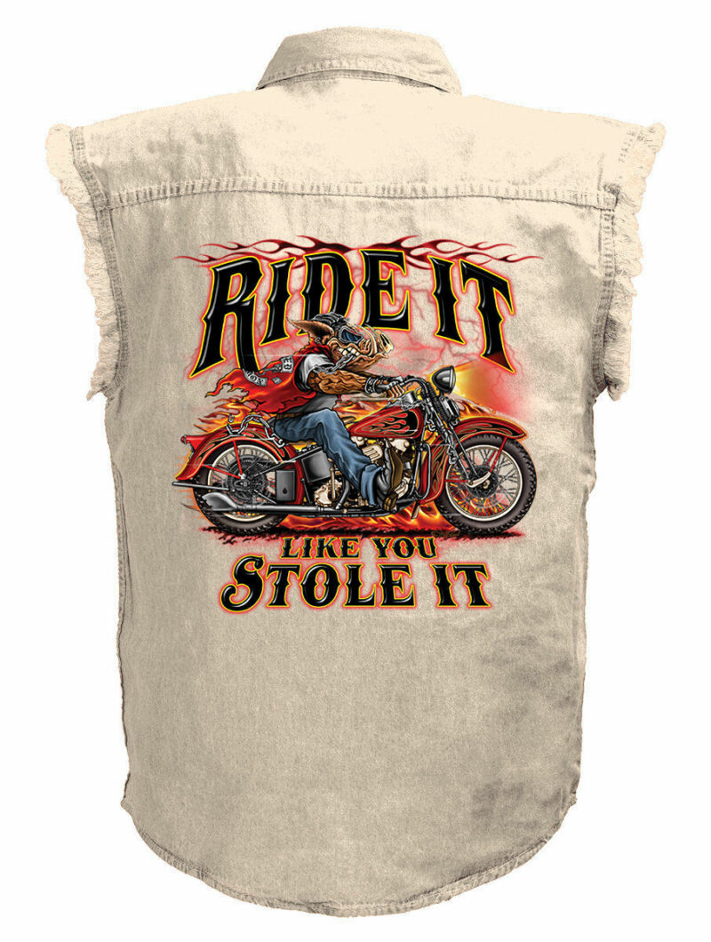 Ride It Like You Stole It Hog Motorcycle Shirt Mens Ivory Denim Sleeveless