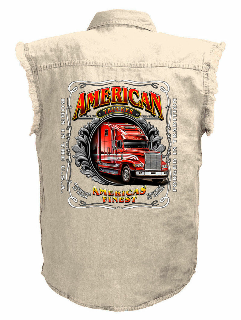 American Trucker Americas Finest Motorcycle Shirt Mens Ivory Denim Sleeveless