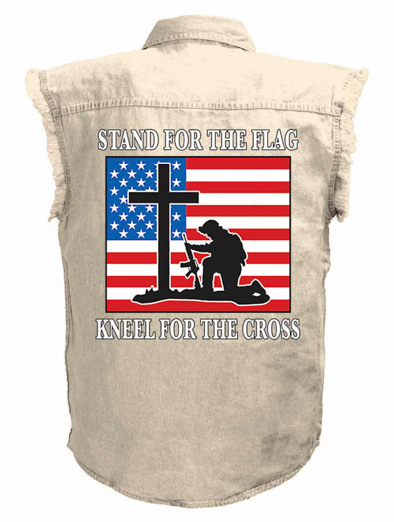 Stand For The Flag Military Cross Motorcycle Shirt Mens Ivory Denim Sleeveless