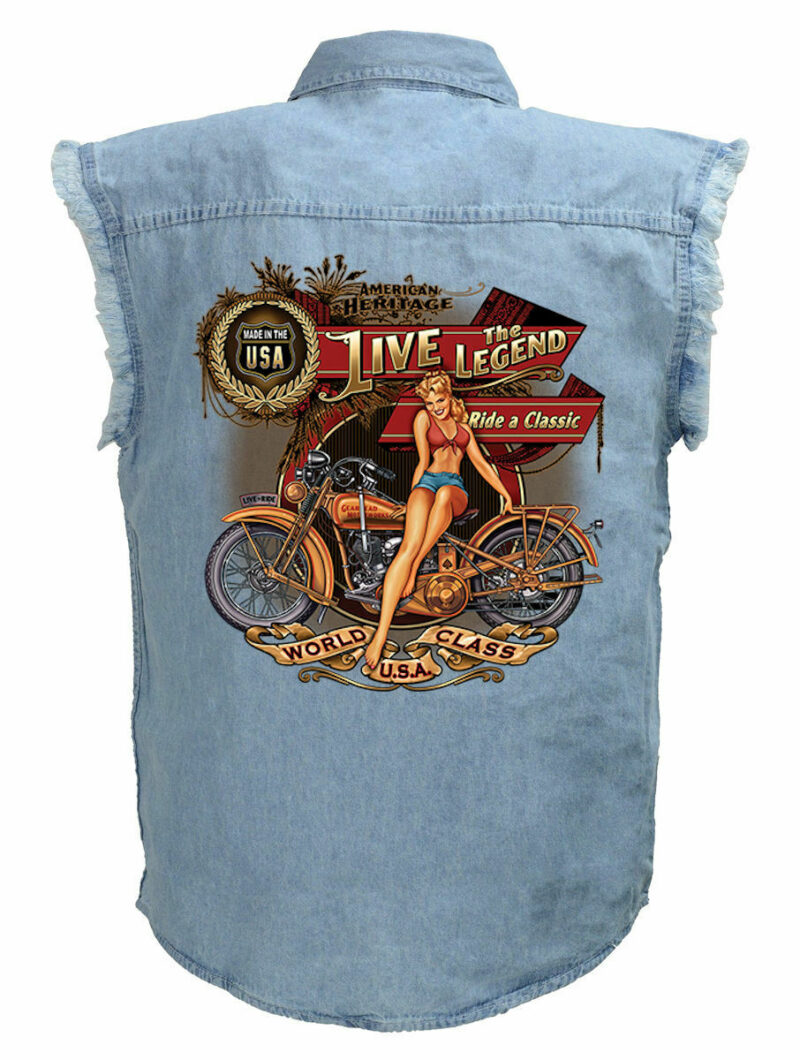 Mens Live The Legend Motorcycle Babe Blue Denim Sleeveless Cutoff Biker Shirt