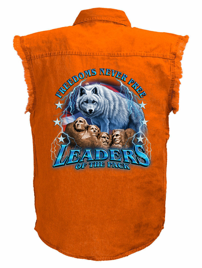 Freedoms Never Free Mount Rushmore Motorcycle Shirt Mens Orange Denim Sleeveless