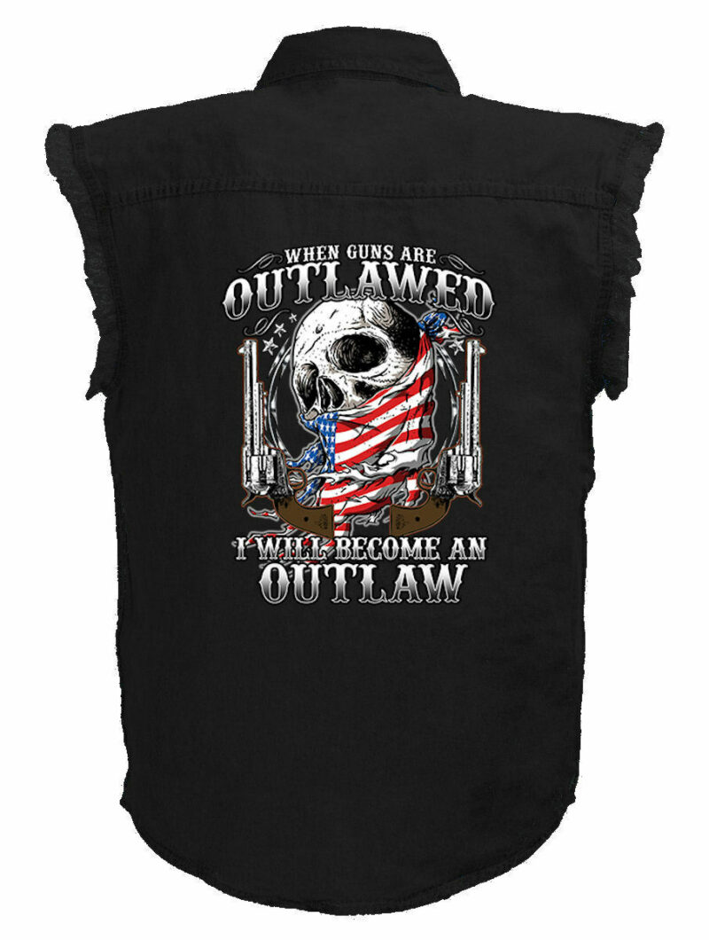 Mens Black Denim Sleeveless 2nd Amendment Patriotic Skull Biker Shirt