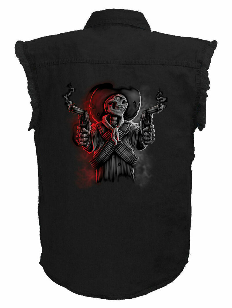 Mens Black Denim Sleeveless Gunslinger Skeleton Cowboy Shirt