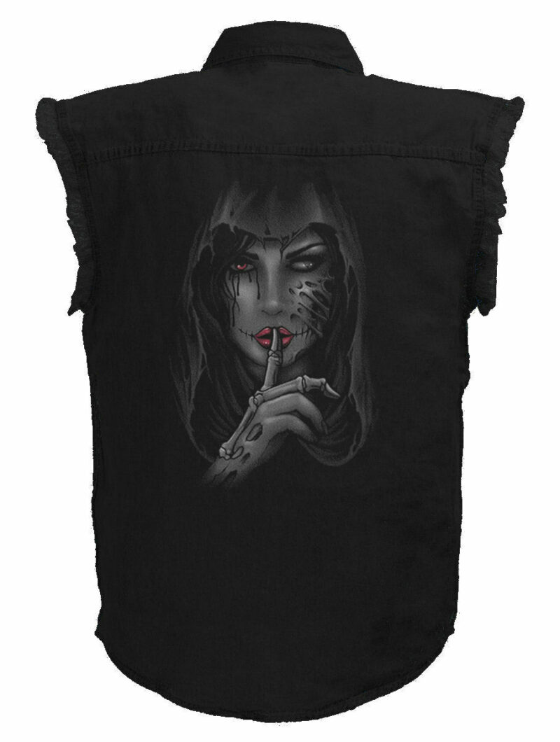 Mens Black Denim Sleeveless Gothic Whispering Girl Shirt