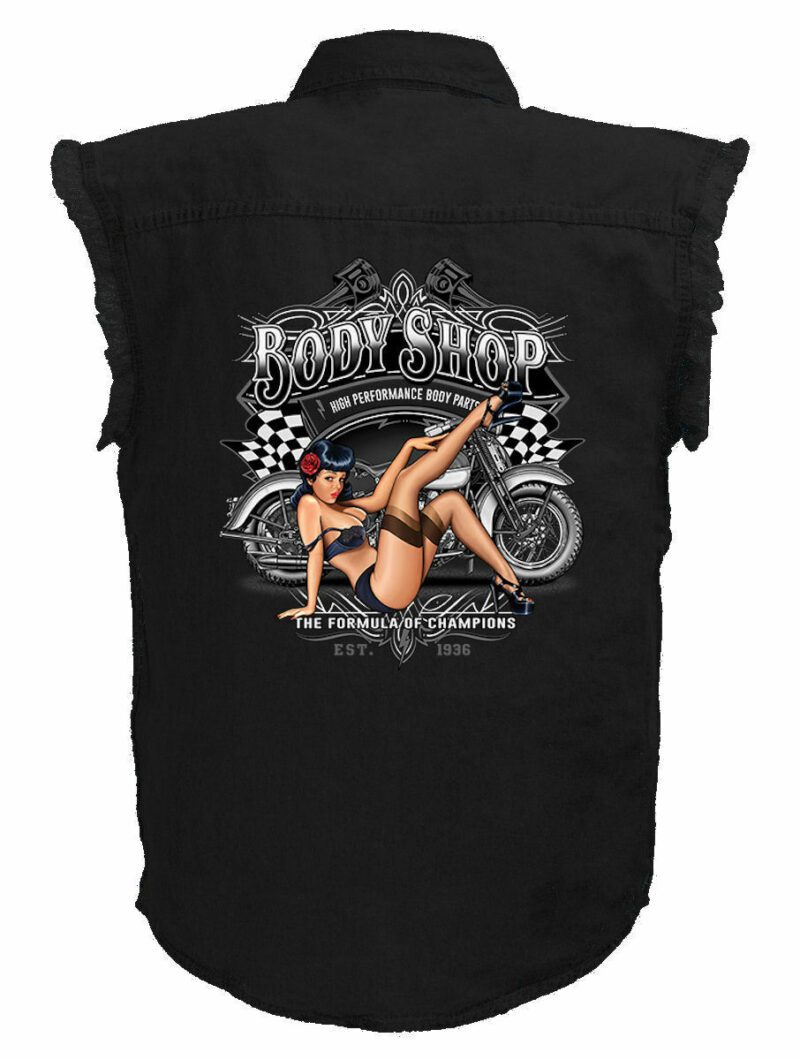 Mens Black Denim Sleeveless Body Shop Pin Up Babe Shirt