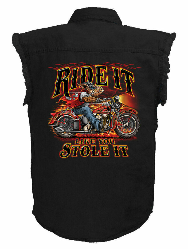 Mens Black Denim Sleeveless Ride It Like You Stole It Hog Shirt